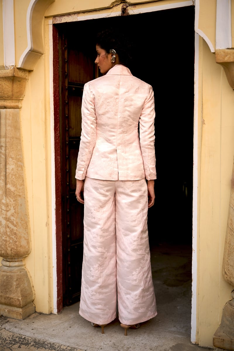 Powder Pink Brocade High-Waist Wide-Leg Trousers