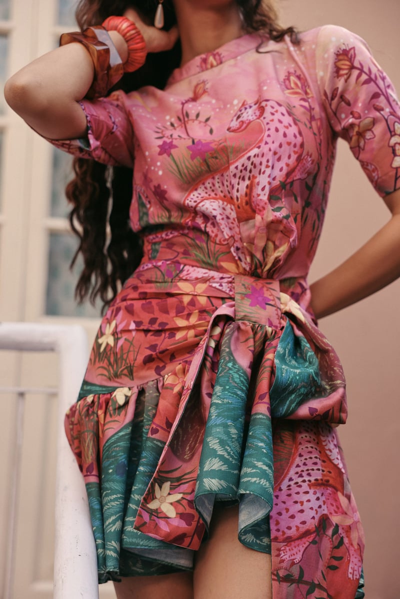 Pink Printed Modal Mini Dress with Front Tie Waist