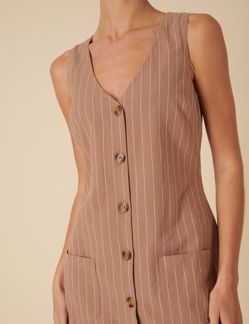 Stone Pinstripe Button-Front Pinafore Mini Dress
