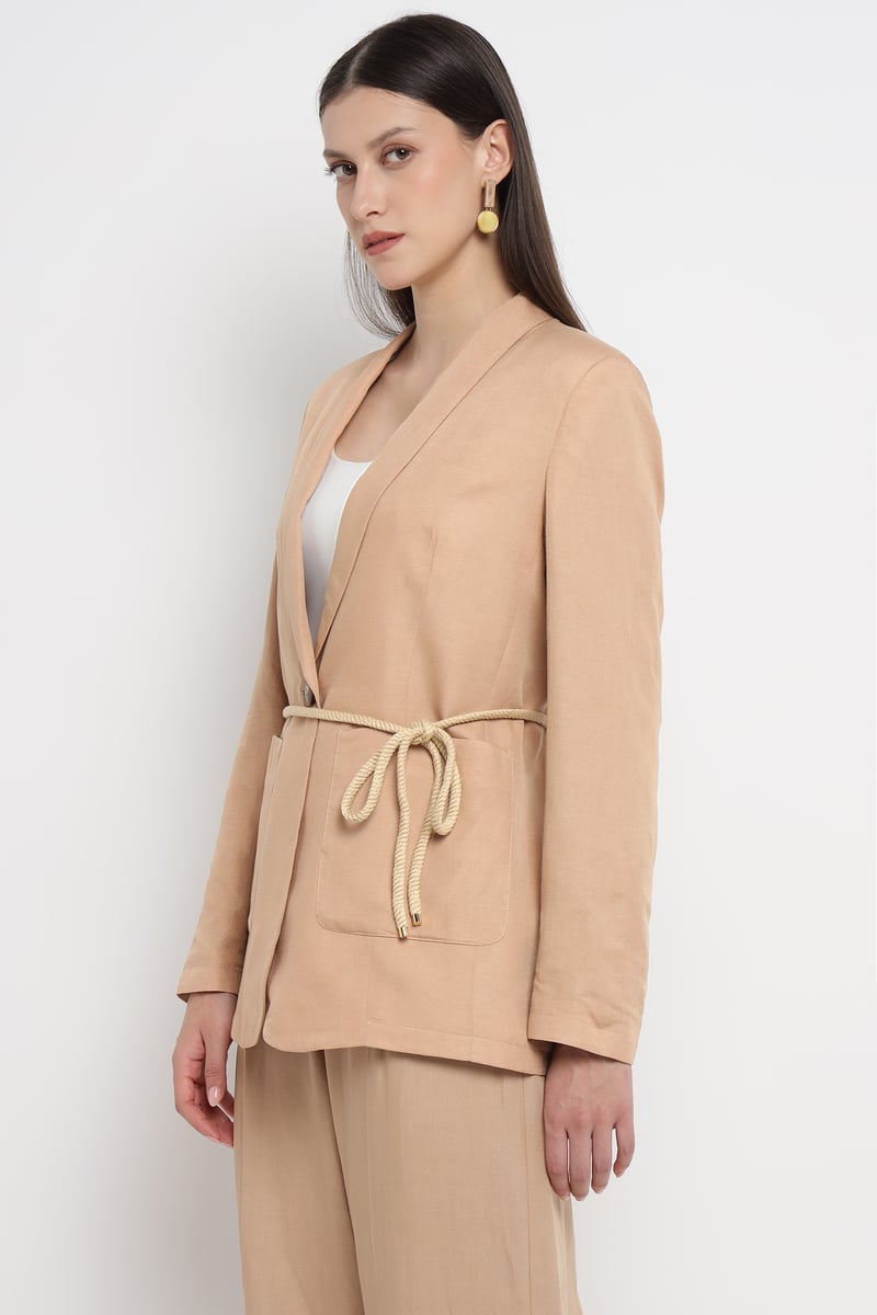 Beige Belted Single-Button Tailored Blazer