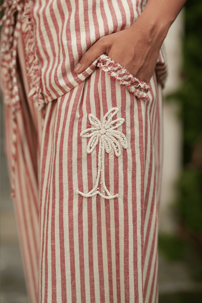 Red and Beige Striped Bubble Trousers with Drawstring