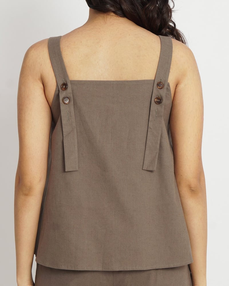 Taupe Cotton Square Neck Strap Top with Back Buttons