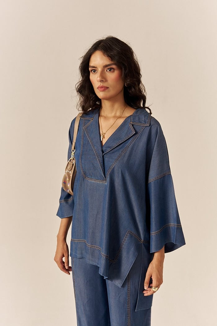 Blue Lapel Shirt and Flared Pants Co-ord Set
