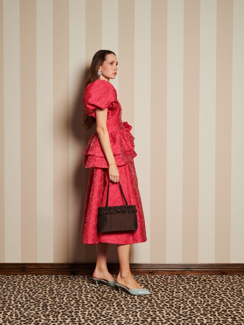 Pink Floral Jacquard Puff Sleeve Midi Dress