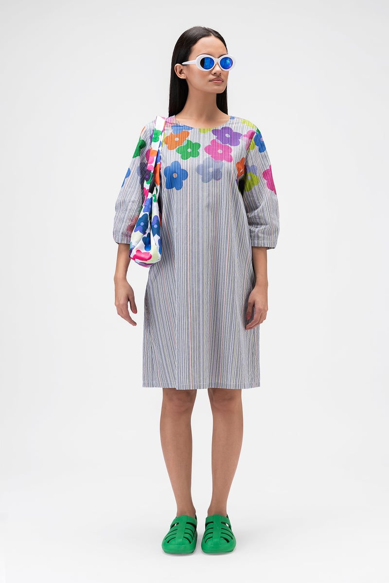 Multicolor Stripe and Floral A-Line Knee-Length Dress — Genes Lecoanet Hemant