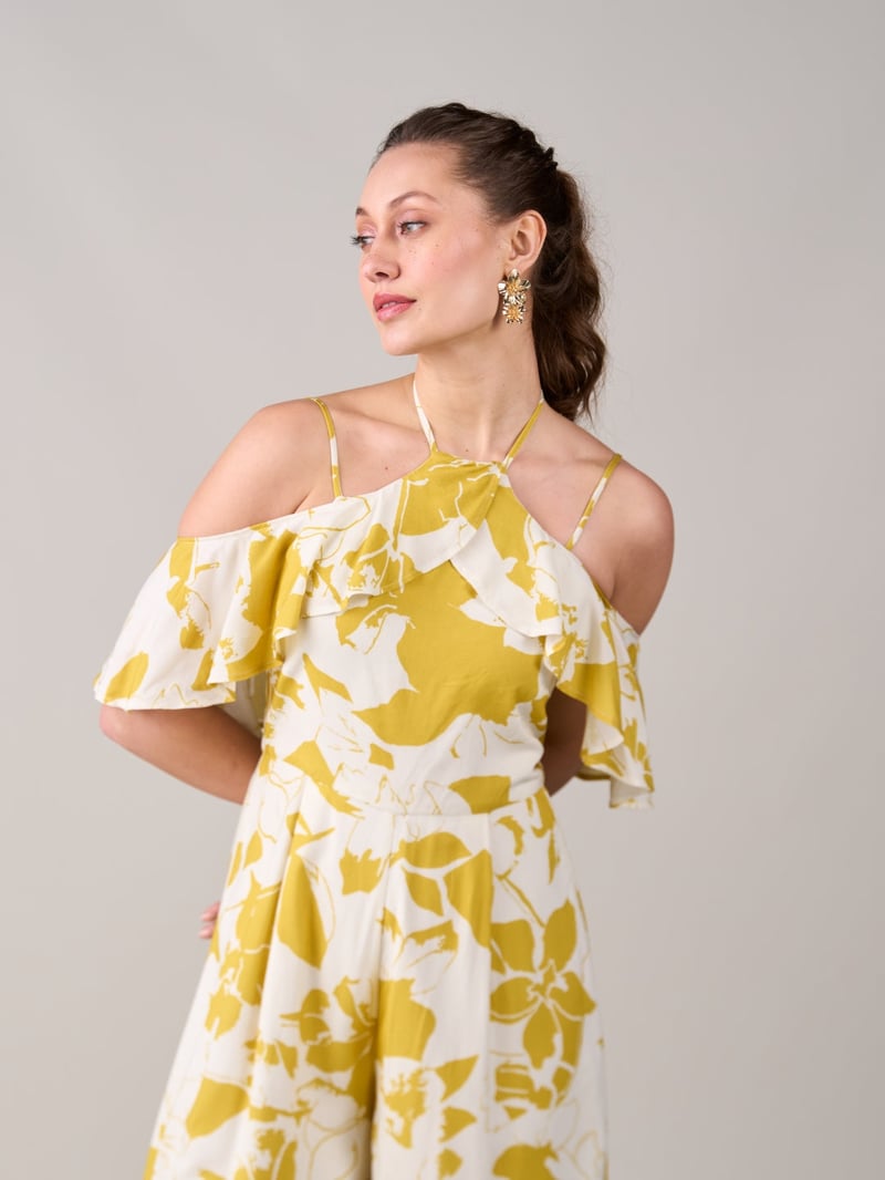 Yellow Floral Halter Neck Cold-Shoulder Wide-Leg Jumpsuit