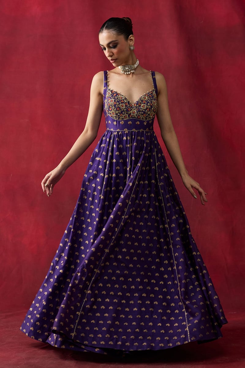 Purple Block Print Embroidered Anarkali Kurta Set