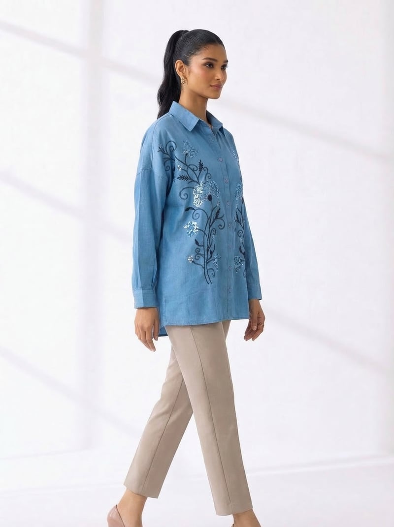 Blue Embroidered Longline Cotton Shirt