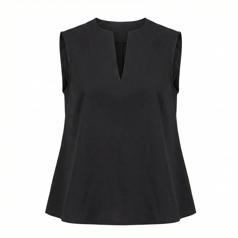 Black Cotton Notch-Neck Relaxed A-Line Sleeveless Top