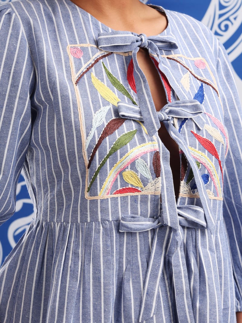 Ice Blue Stripe Drawstring Shorts with Embroidered Patch
