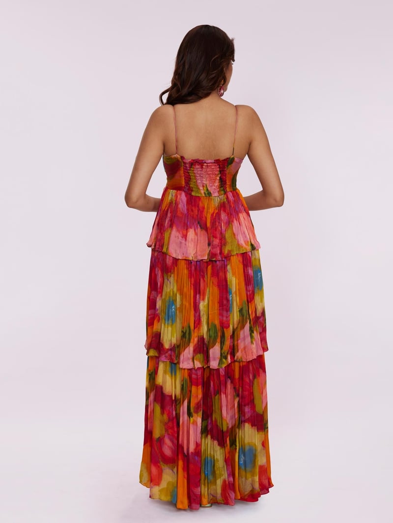 Multicolor Abstract Print Tiered Ruffle Maxi Dress