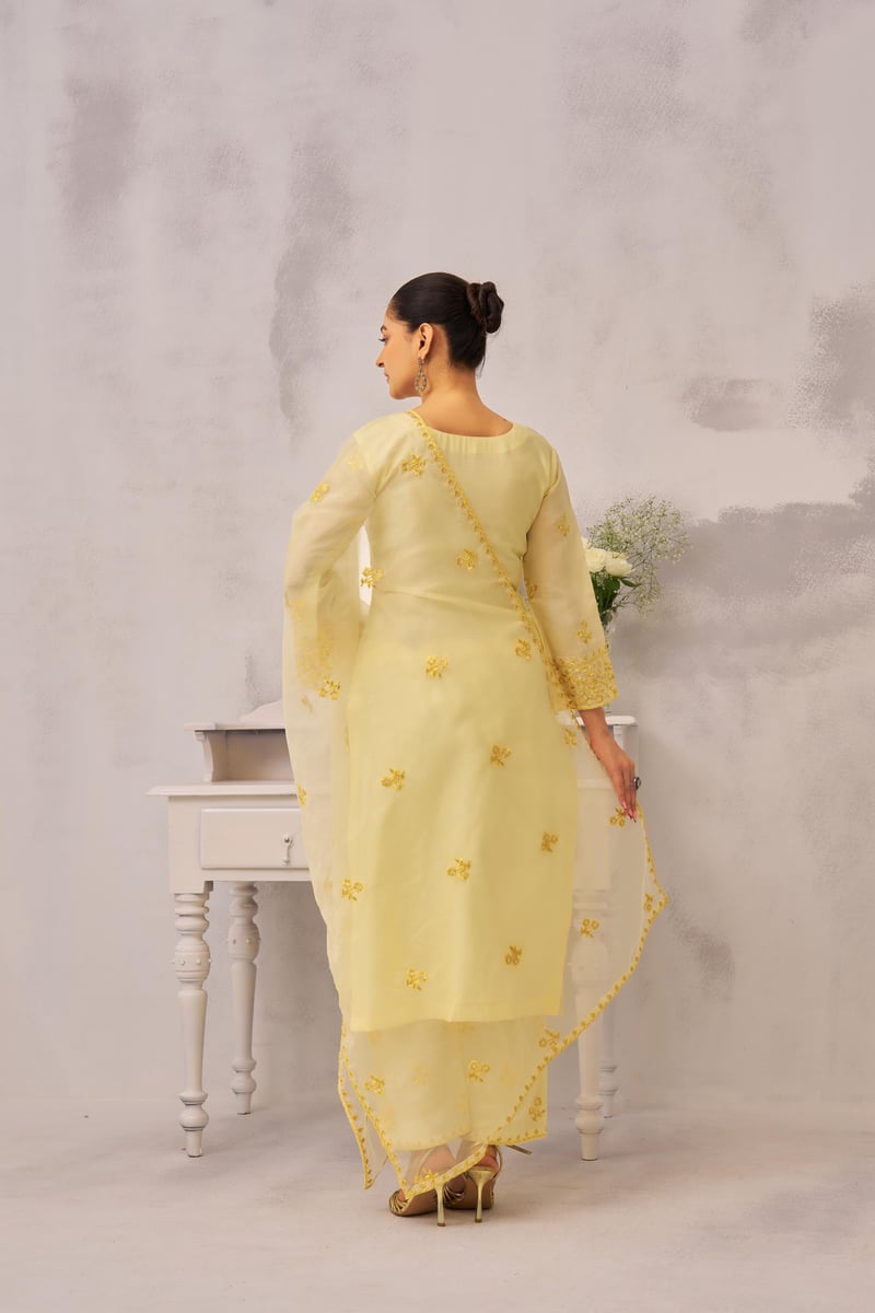 Lime Yellow Chanderi Silk Embroidered Suit Set