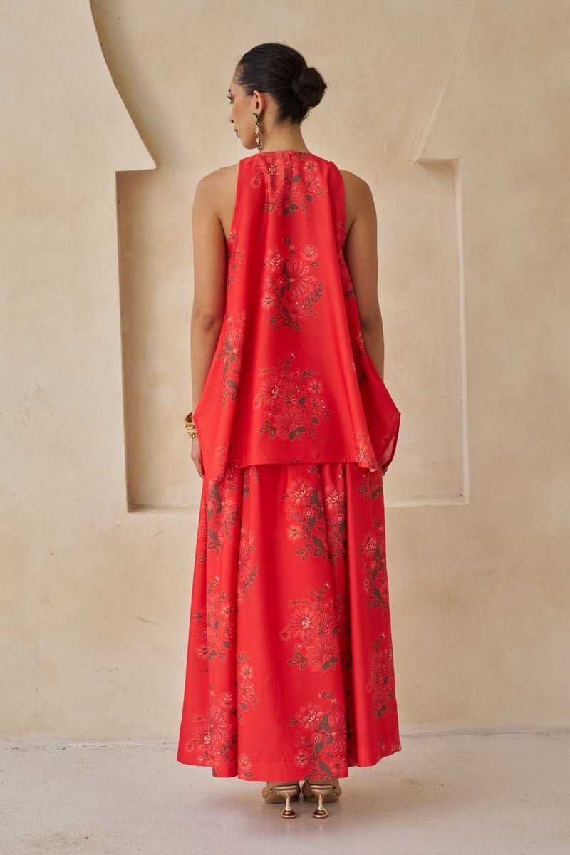 Red Chanderi Floral Lehenga Set With Embellished Neckline
