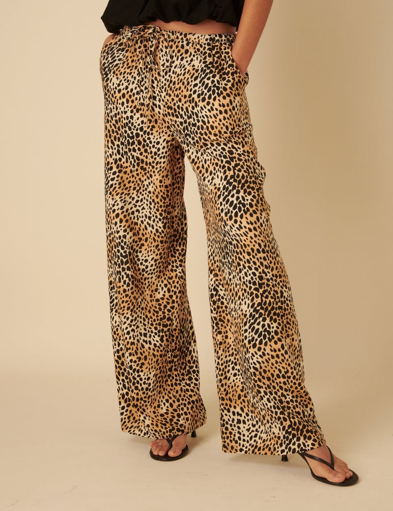 Beige Leopard Print Wide-Leg Drawstring Trousers