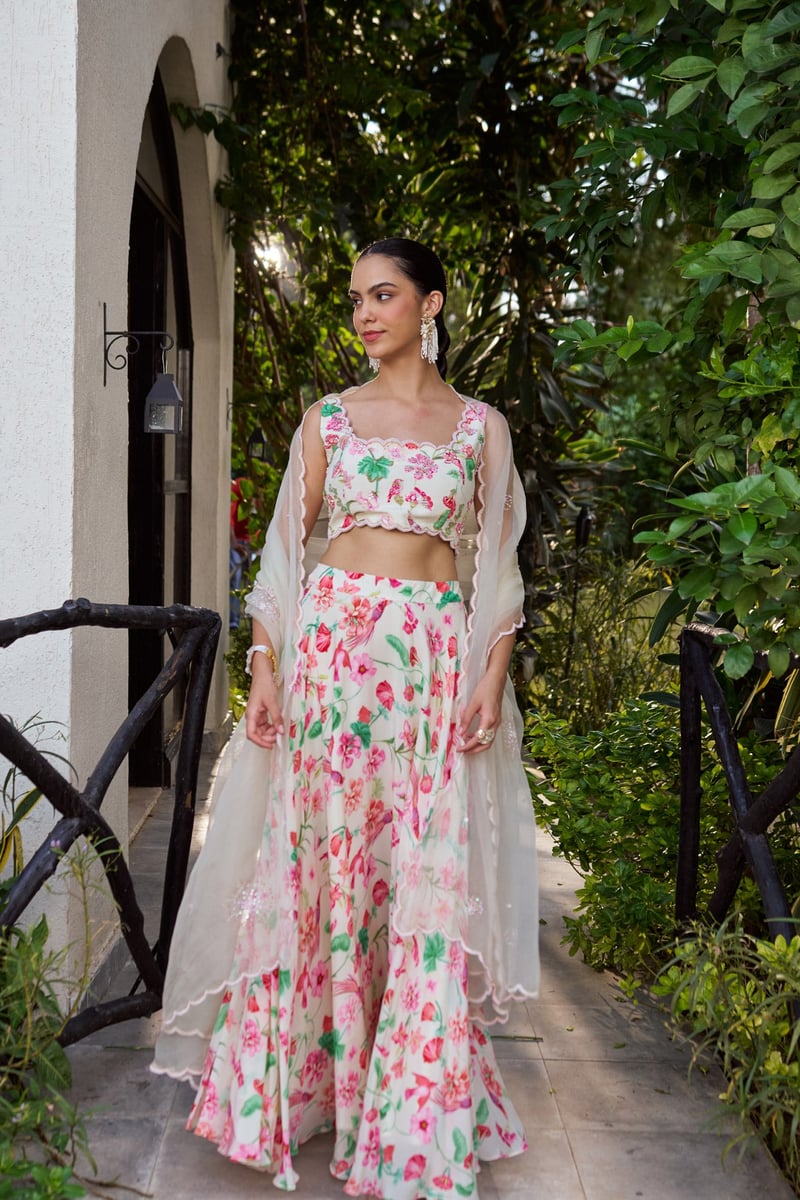 Ivory Floral Printed Lehenga Set with Organza Dupatta