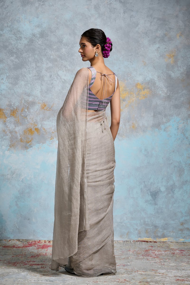 Silver/Grey Crinkle Tissue Saree with Beaded Pallu