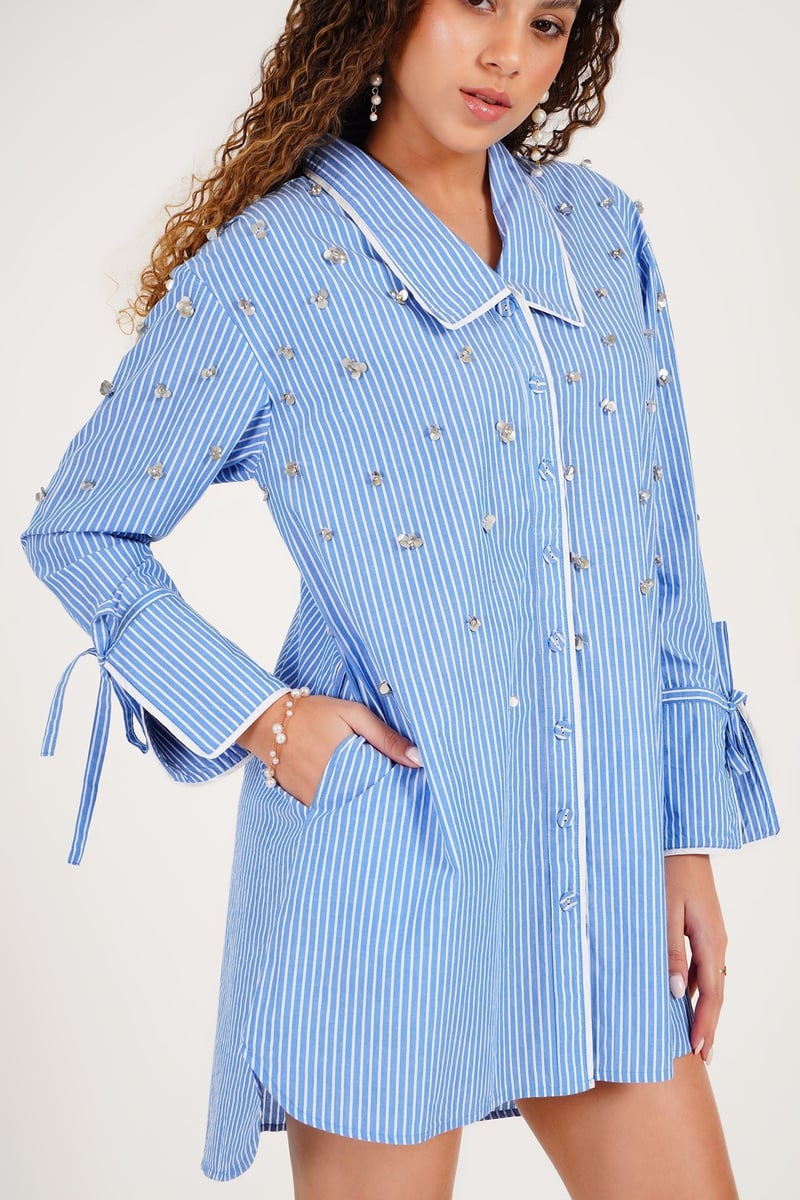 Blue Striped Pearl-Embellished Oversized Shirt Dress