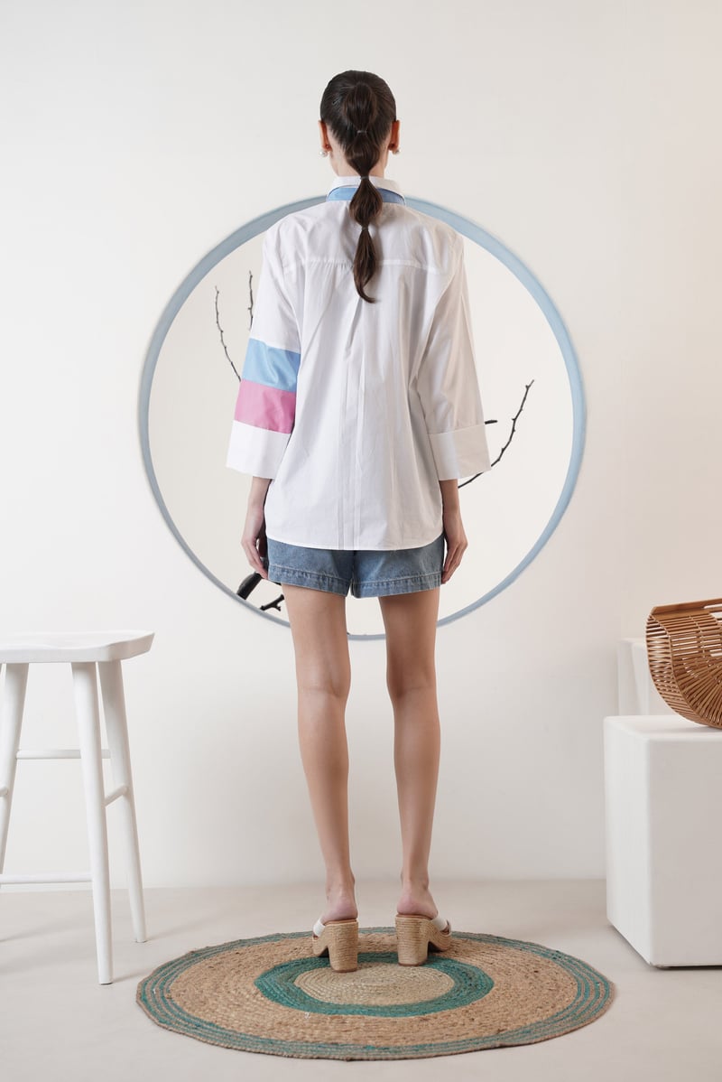 White Colourblock Button-Down Shirt with 3/4 Sleeves
