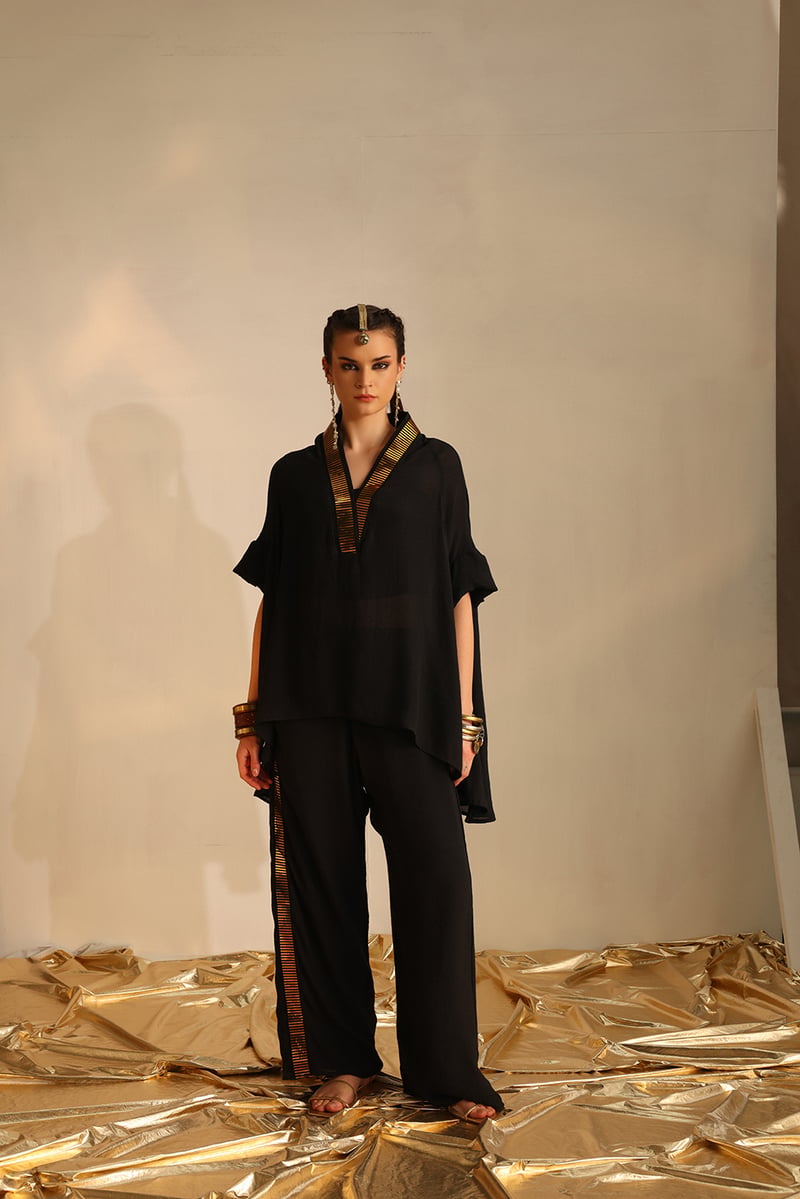 Black Poncho and Palazzo Co-ord Set with Foil Lace Trim — EnEch