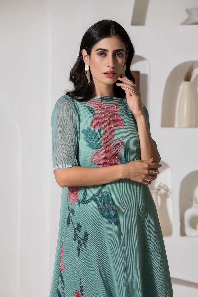 Green Floral Lurex Kaftan Kurta Set with Palazzo