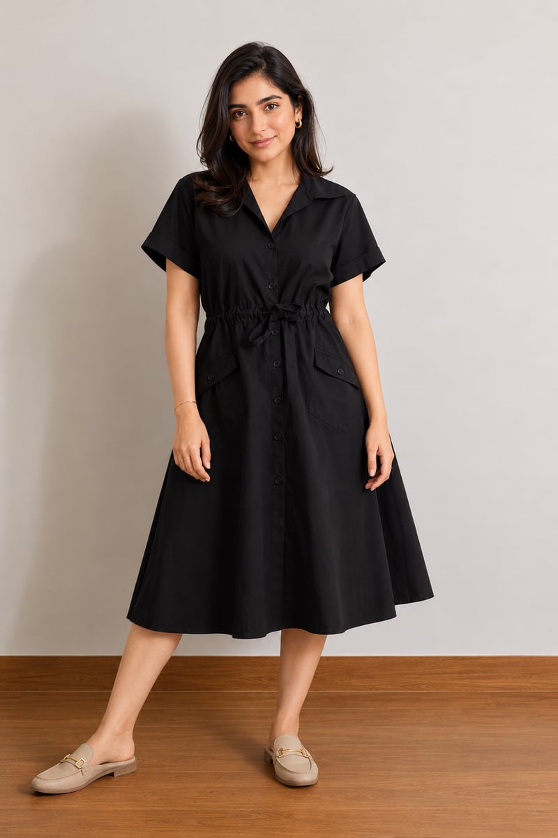 Black Cotton Midi Shirt Dress with Tie Waist — Loma Naturally