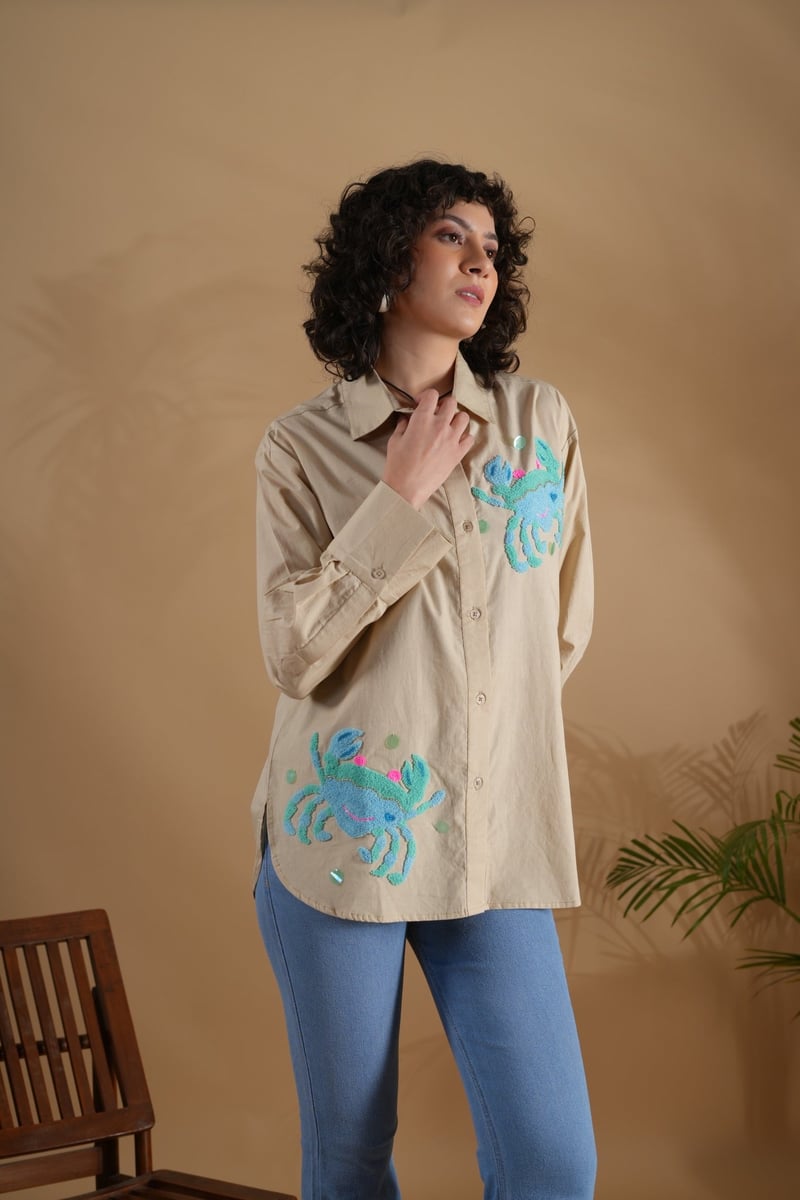 Beige Cotton Crab Embroidered Button-Down Shirt