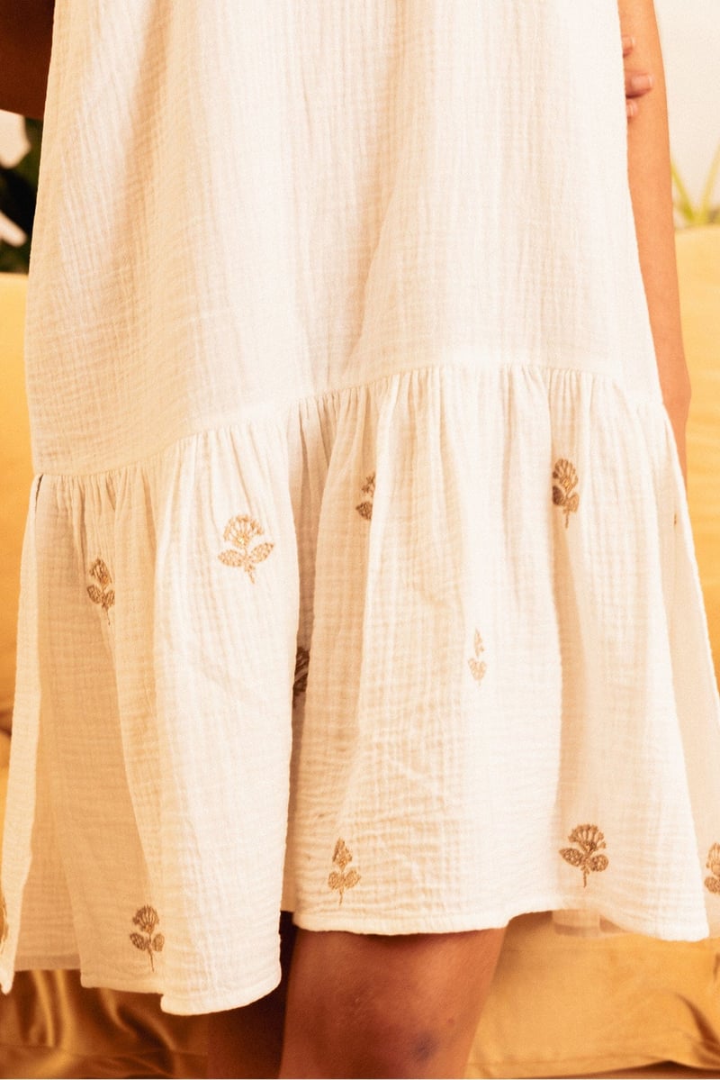 White Knee-Length Tiered Dress with Gold Embroidery