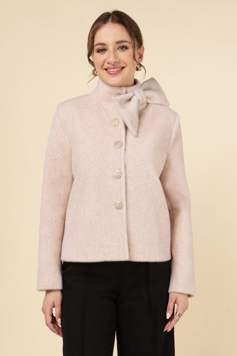 Light Pink High Neck Bow Detail Button-Front Jacket