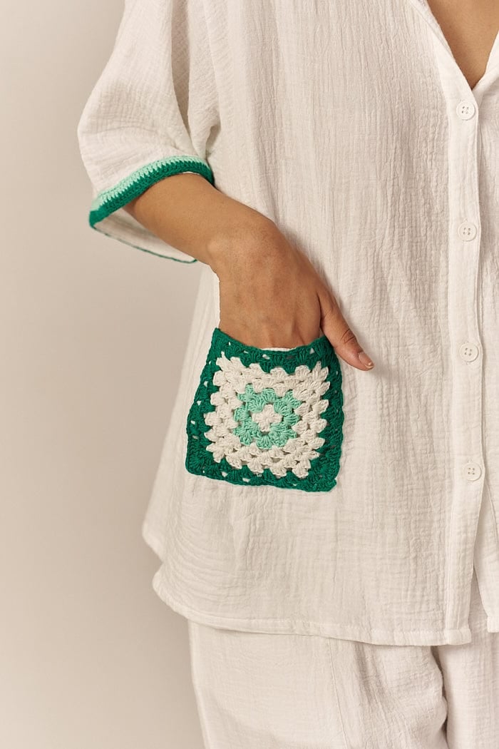 White and Green Crochet Trim Shirt and Shorts Co-ord Set
