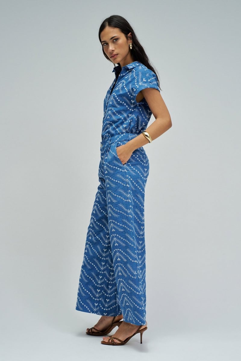 Blue Wide-Leg High-Rise Geometric Print Trousers