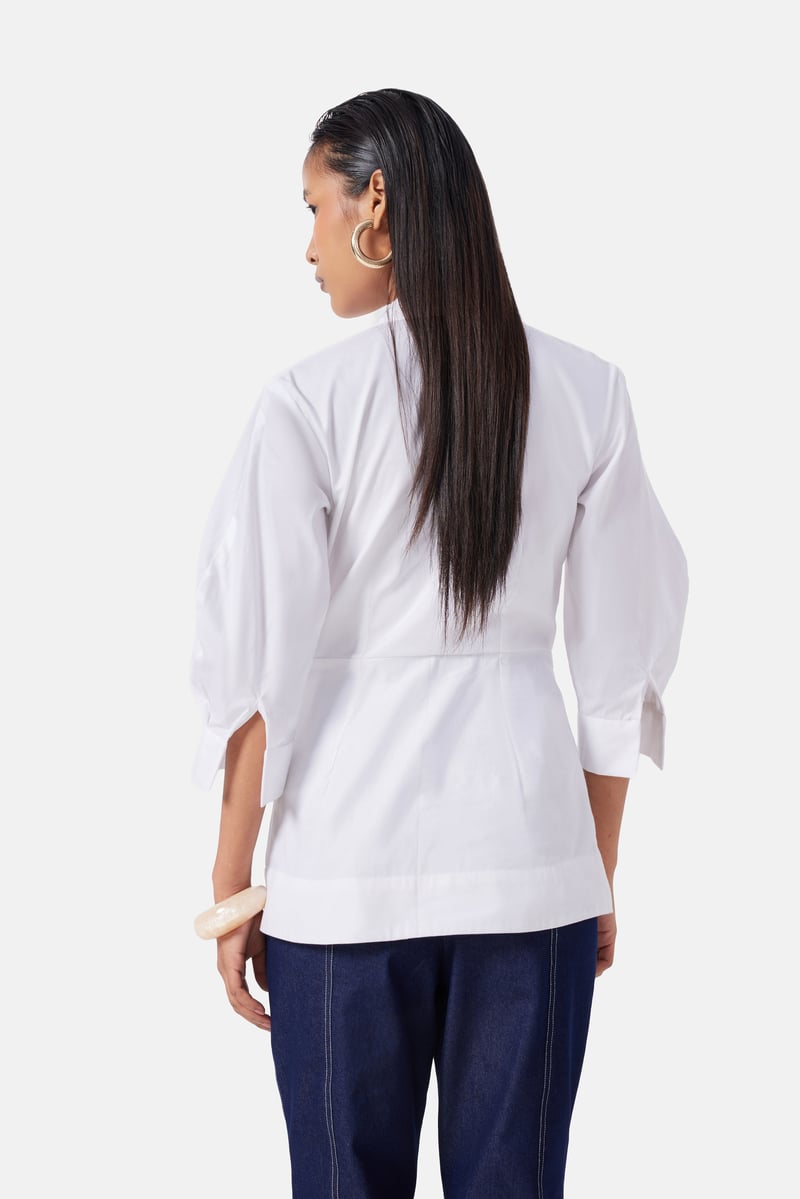 White Cotton Twill Longline Wrap-Detail Shirt