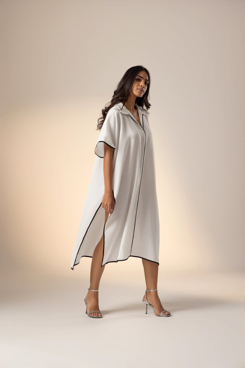 White Georgette Kaftan with Black Contrast Piping