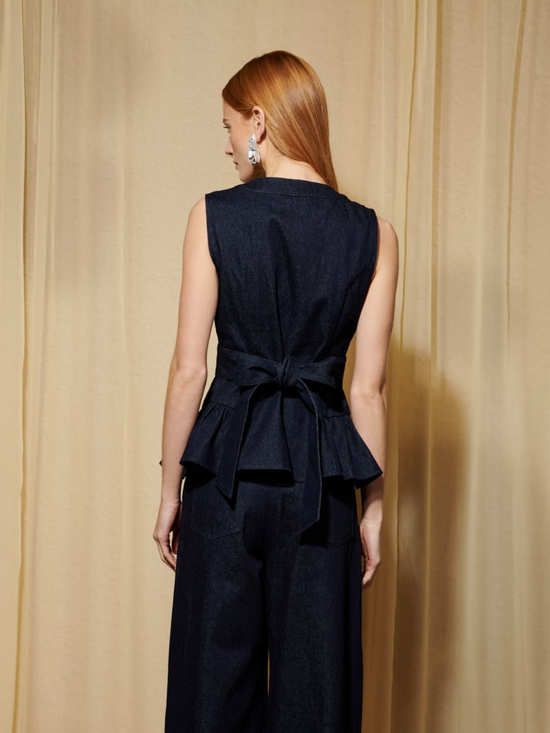Dark Blue Embellished Peplum Button-Front Top