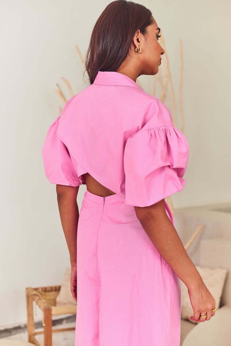Pink Poplin Wrap-Front Maxi Dress with Front Slit