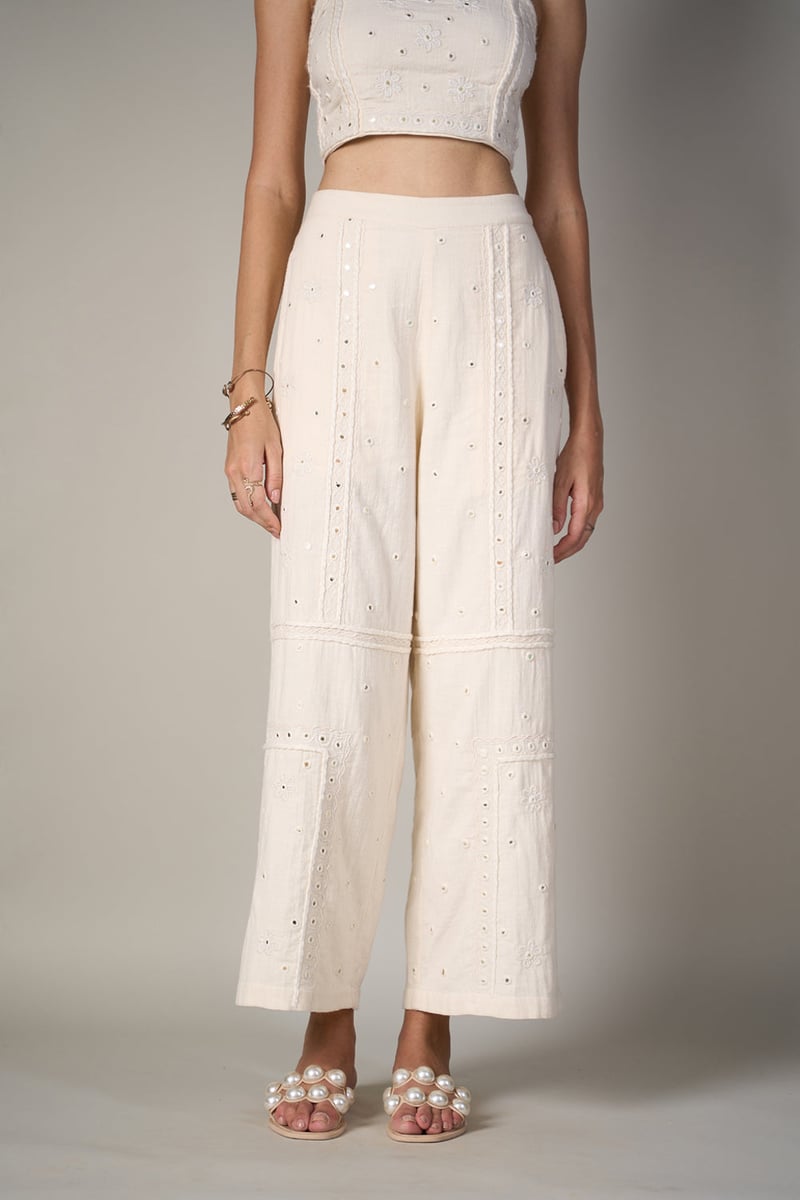White High-Waist Wide-Leg Mirror Work Pants