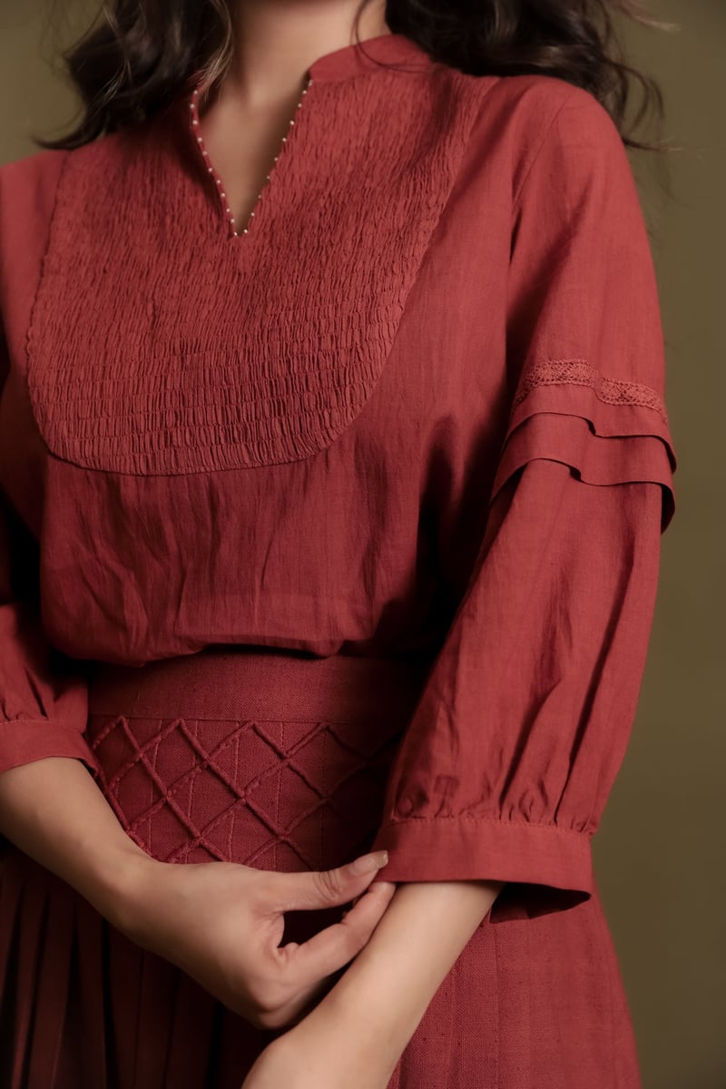 Rust Handloom Khadi Pleated Midi Skirt