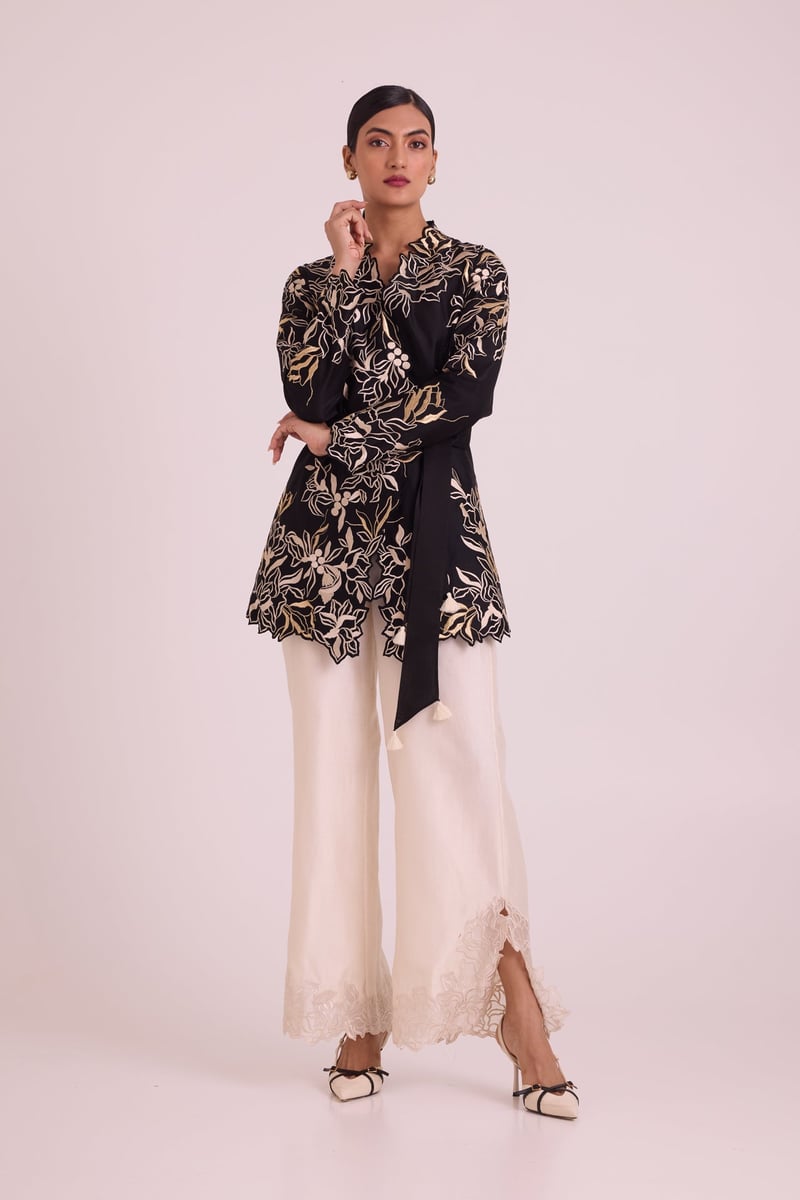 Black Wrap Blazer and Ivory Wide-Leg Pants Co-ord Set
