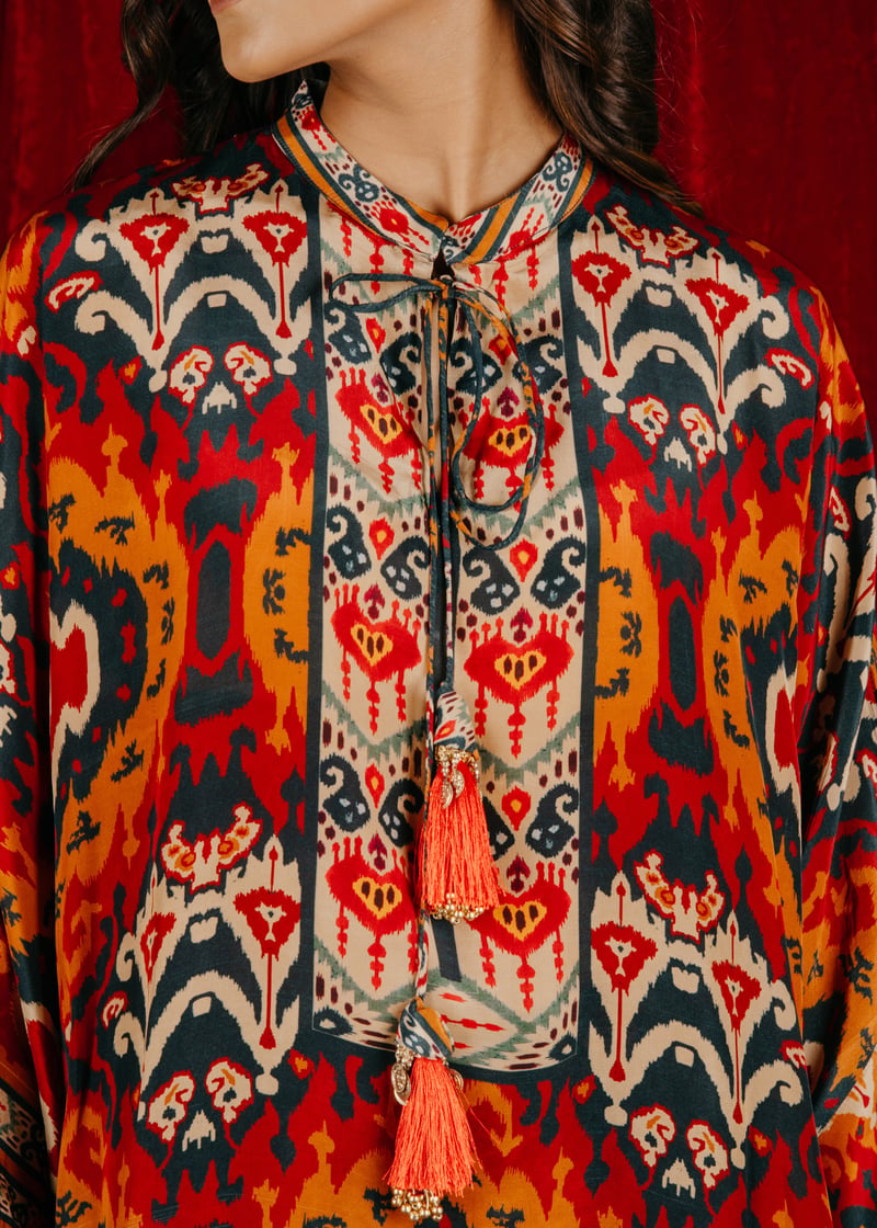 Orange Red Teal Printed Co-ord Set with Tie-Up Neck