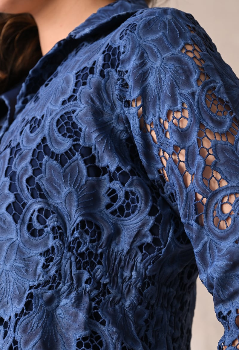 Midnight Blue Lace Shirt and Knee-Length Skirt Co-ord Set