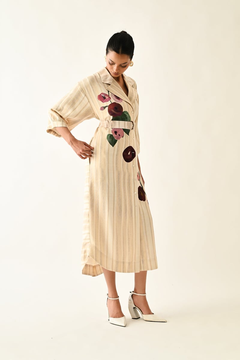 Off White Abstract Print Belted Midi Trench Shirt Dress