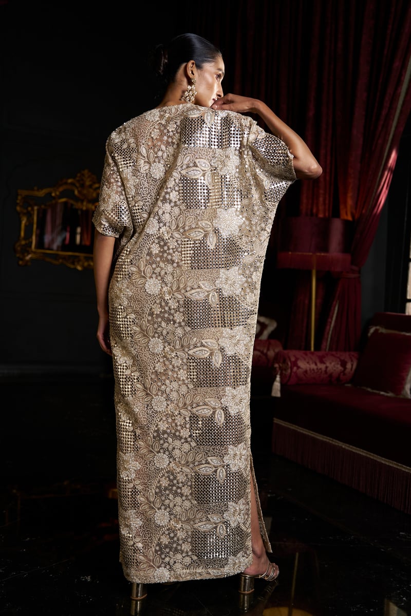 Natural Mirror and Bead Embroidered Maxi Kaftan