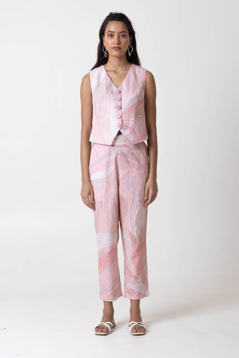 Pink Peach Printed Waistcoat and Trousers Co-ord Set