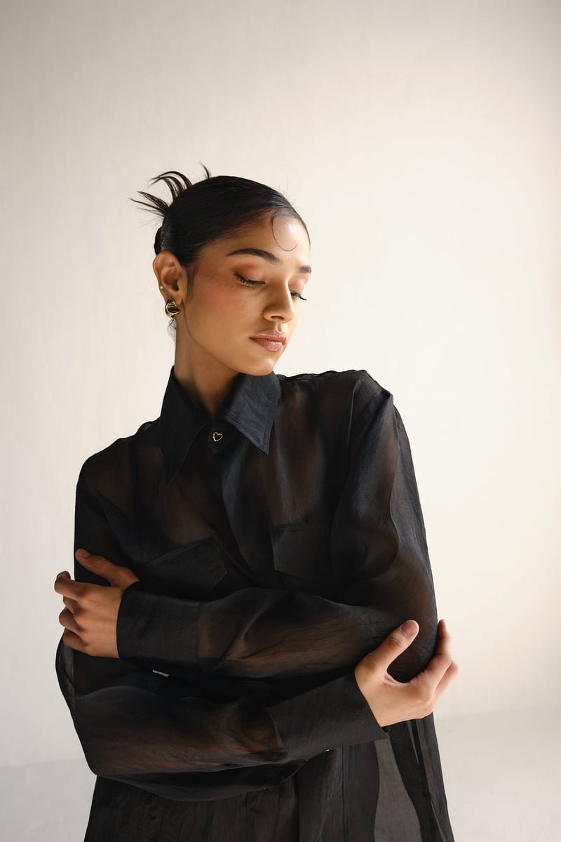 Black Sheer Organza Button-Down Shirt