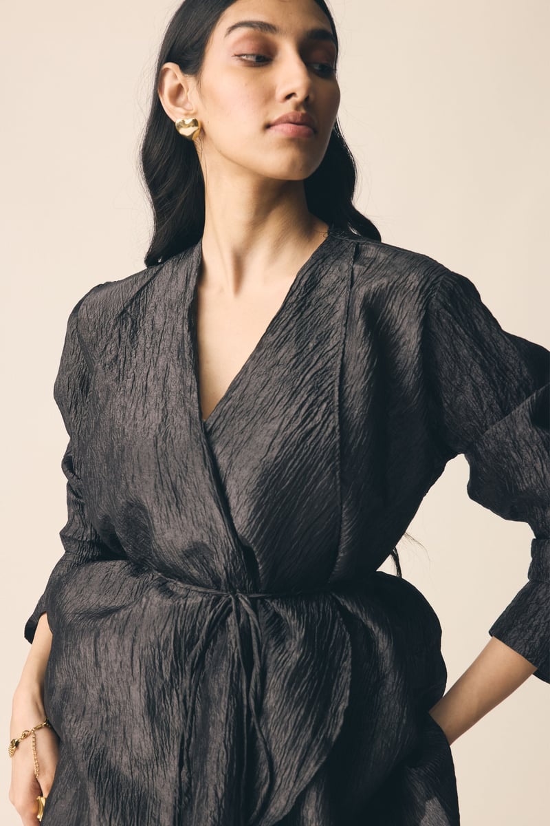 Black Crinkled Organza Wrap Top and Midi Skirt Co-ord Set