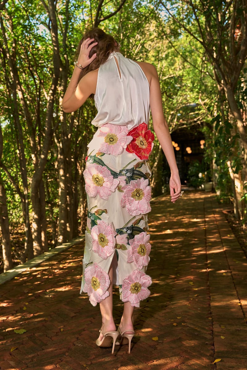 Ivory Satin Halter Top and 3D Floral Midi Skirt Co-ord Set