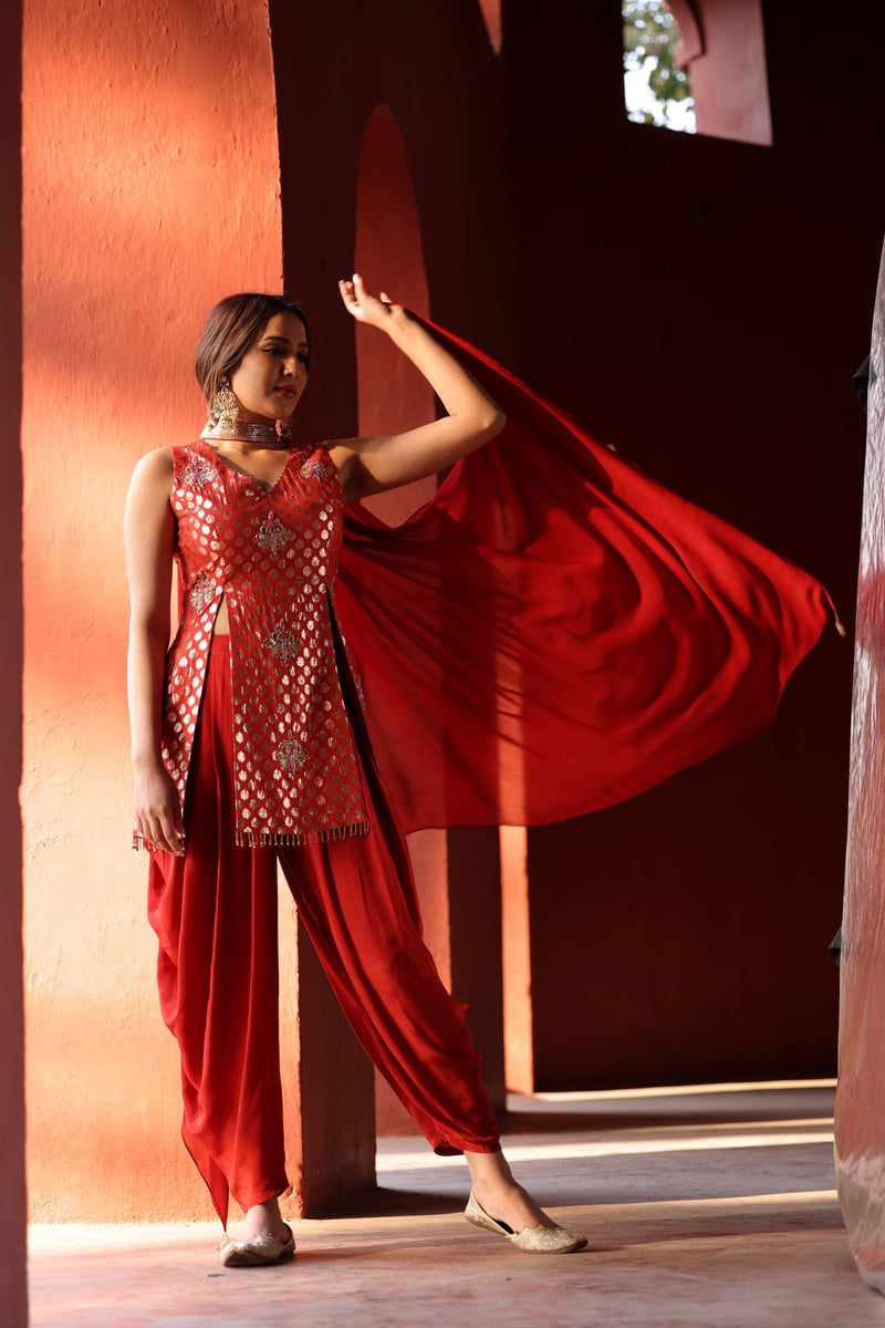 Red Chanderi Silk Suit