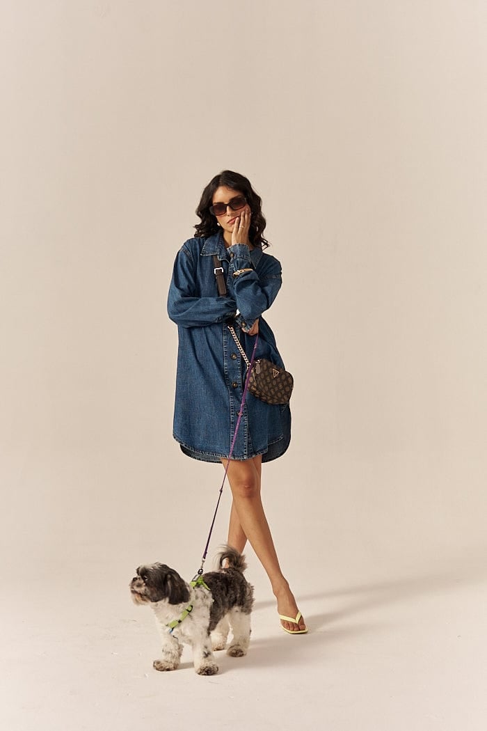 Blue Denim Relaxed Shirt Dress with Pockets