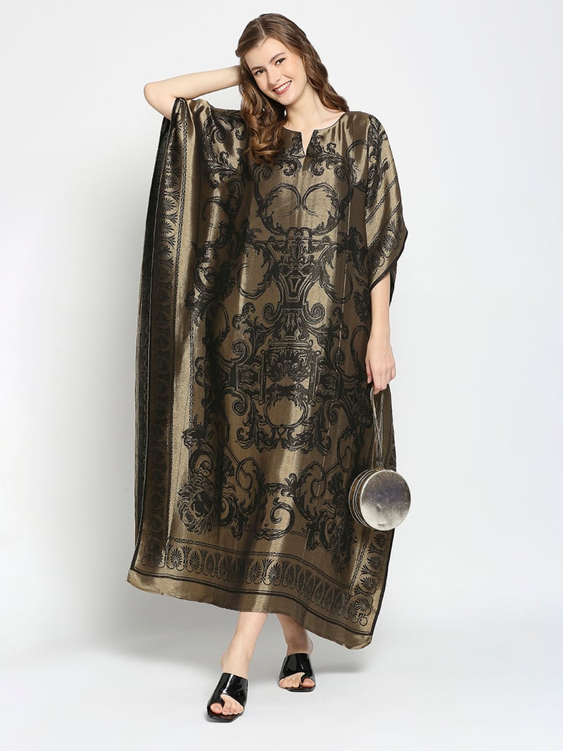 Black and Gold Metallic Brocade Motif Long Kaftan