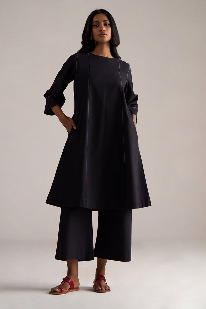 Black Cotton-Linen Kurta and Wide-Leg Pants Co-ord Set