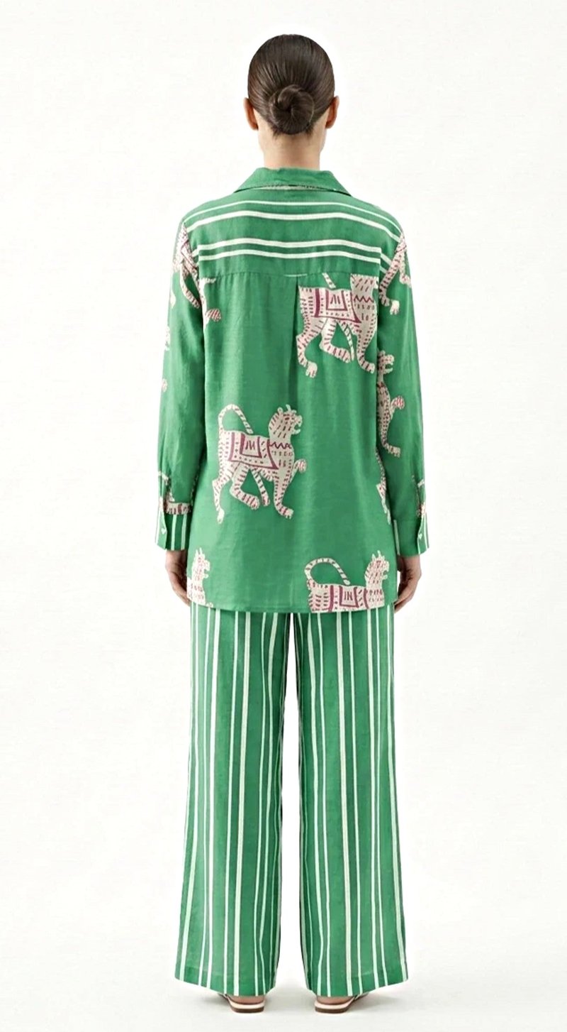 Green Muslin Printed Shirt and Wide-Leg Pants Co-ord Set